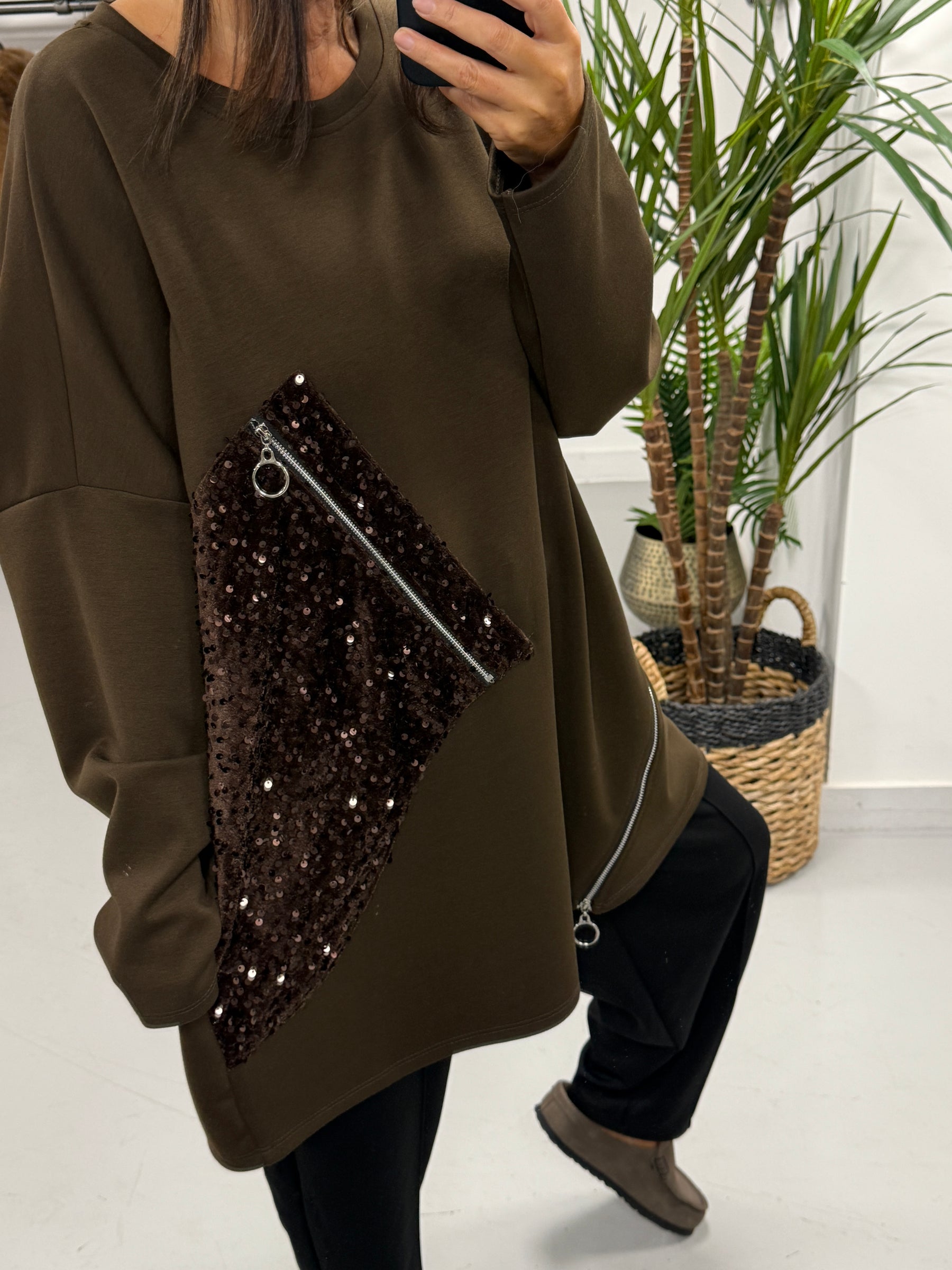 The Sequin Scuba Zip Top - Chocolate