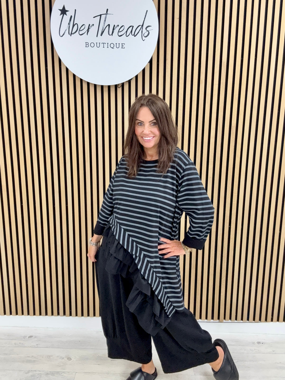 I.D Clothing Stripe Frill Tunic - Black