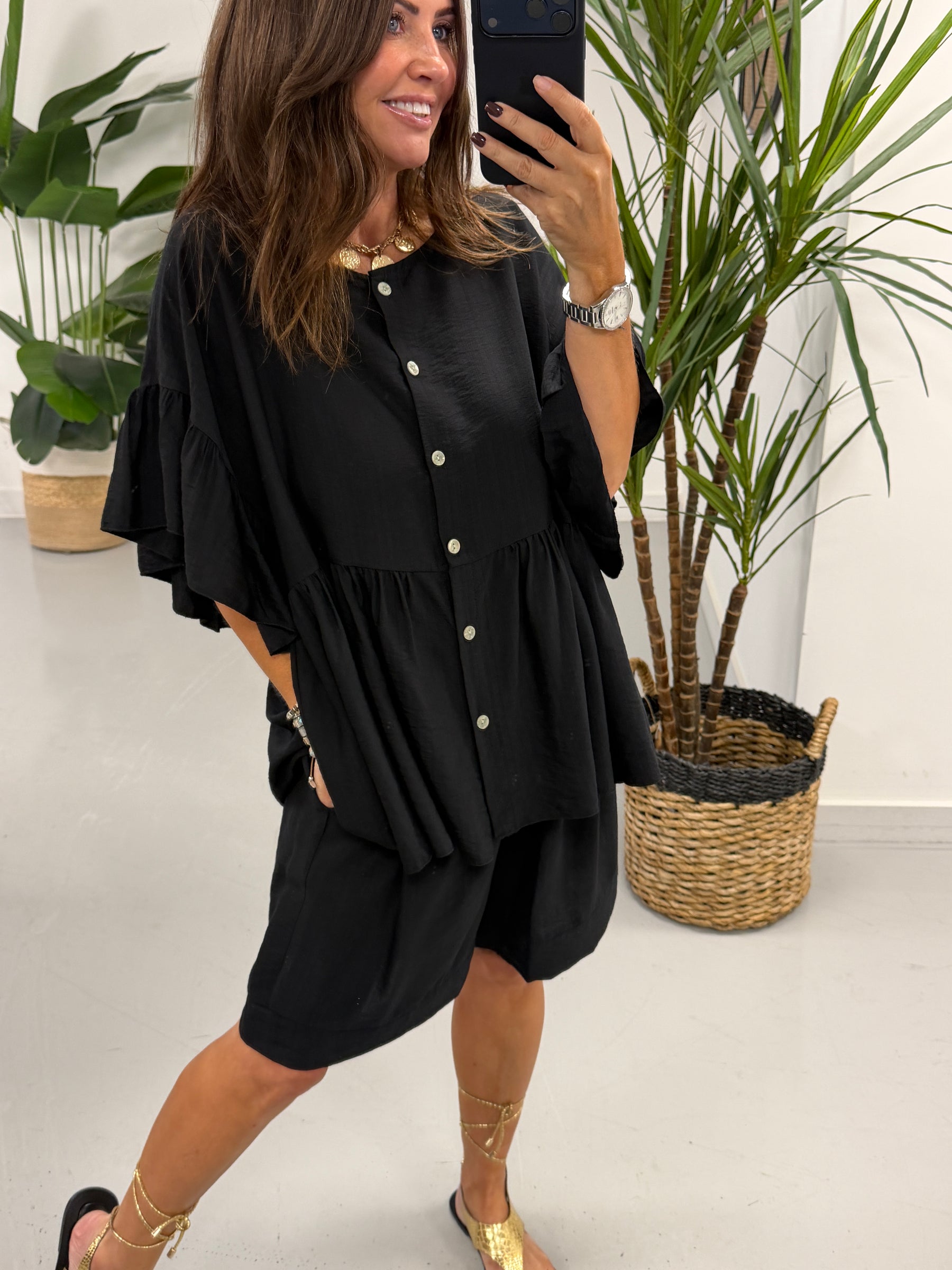 Peplum Button Short Set - Black