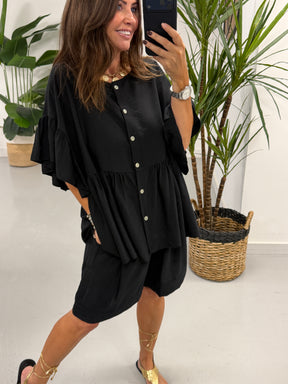 Peplum Button Short Set - Black