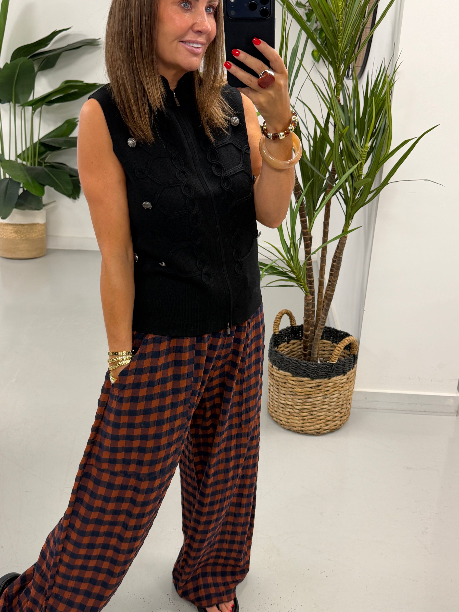 The Autumn Check Baggy Barrel Trousers - Rust/Denim