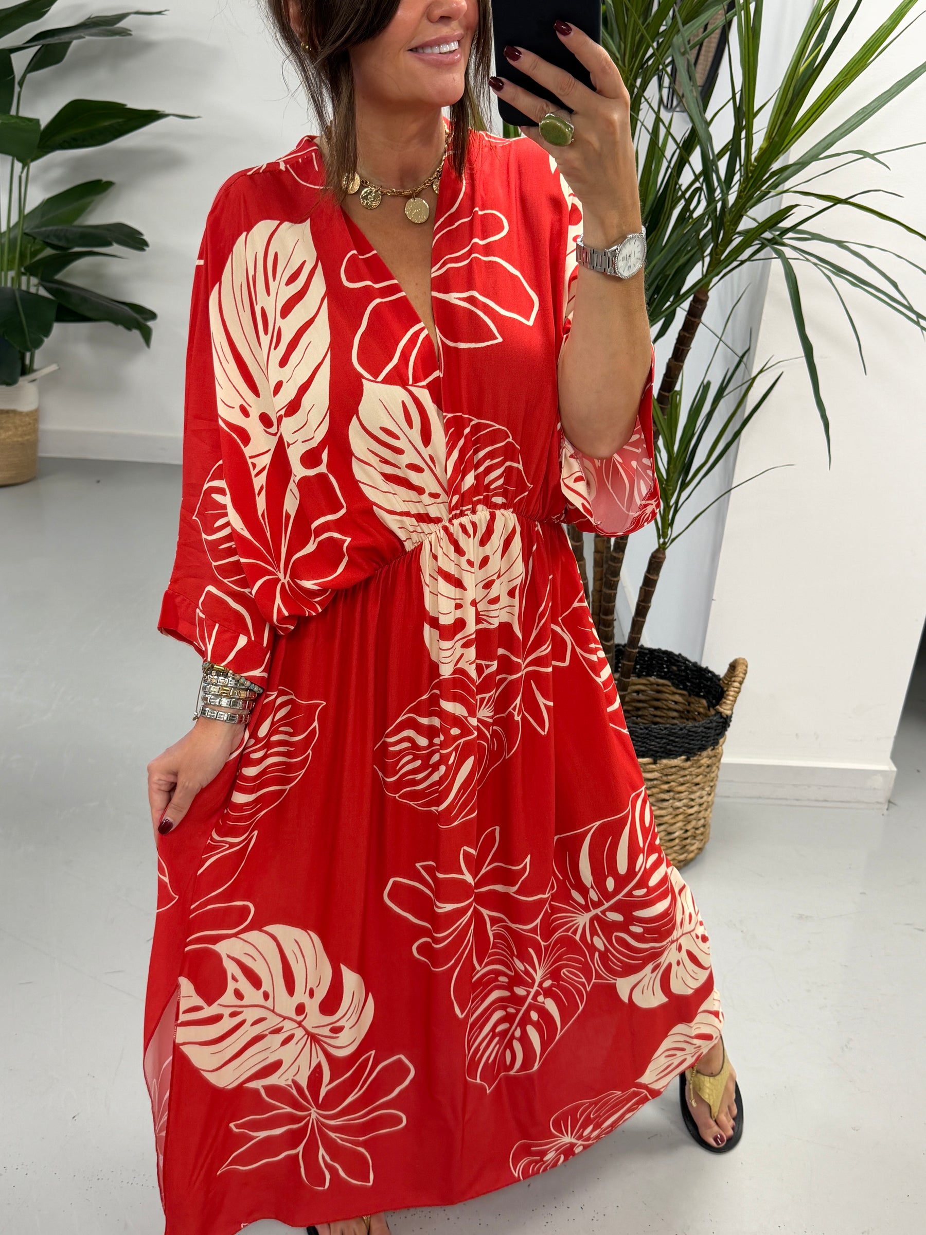 Leaf Cross Over Dress - Red