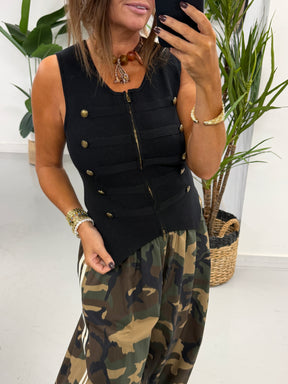 Double Zip Military Waistcoat - Black