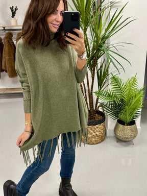 The Roll Neck Fringed Knit - Khaki