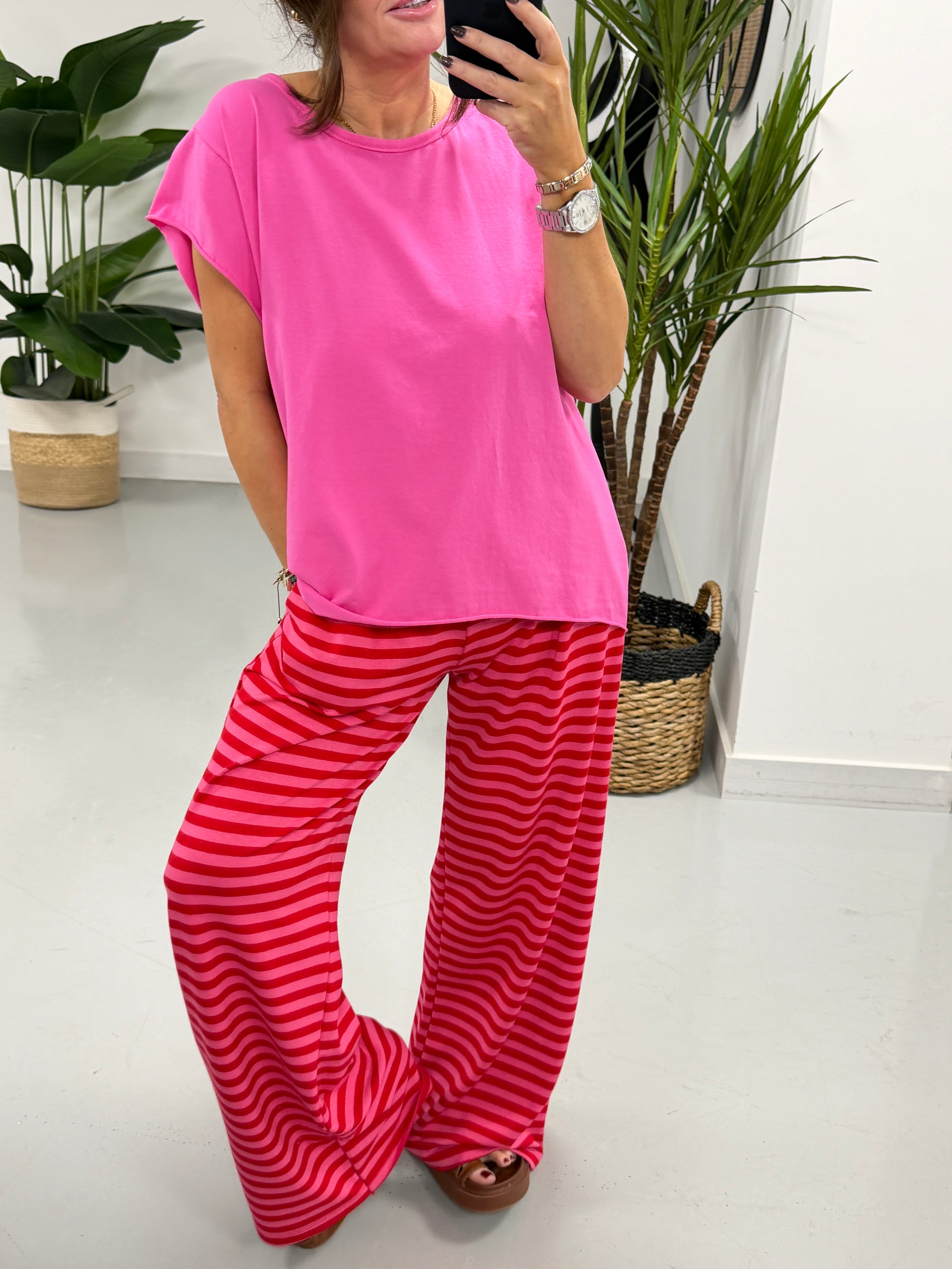 The Striped Wide Leg Jersey Jogger - Red/Pink
