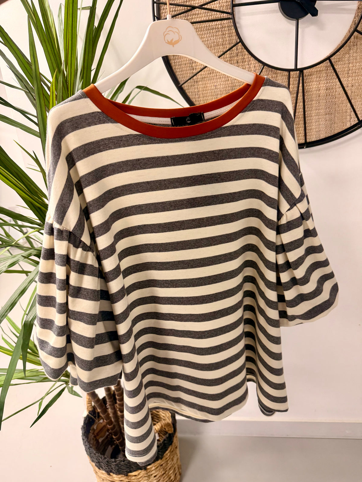 Sunset Stripe Puff Sleeve - Grey/Cream  (Size 12-18)