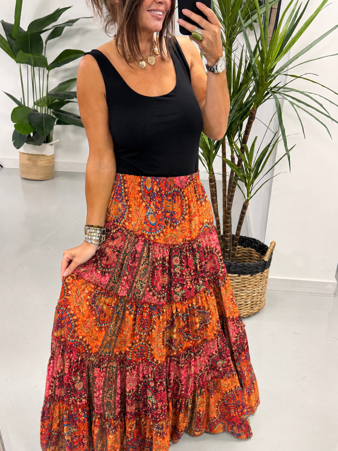 The Indie Maxi  Skirt - Orange/Pink Paisley