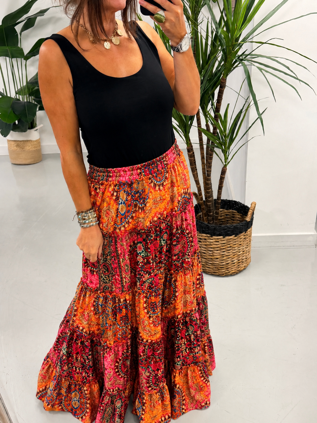 The Indie Maxi  Skirt - Orange/Pink Paisley