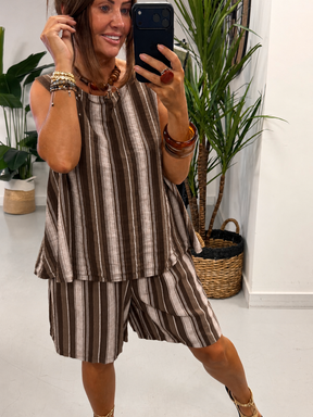Belted Stripe Shorts Set - Chocolate