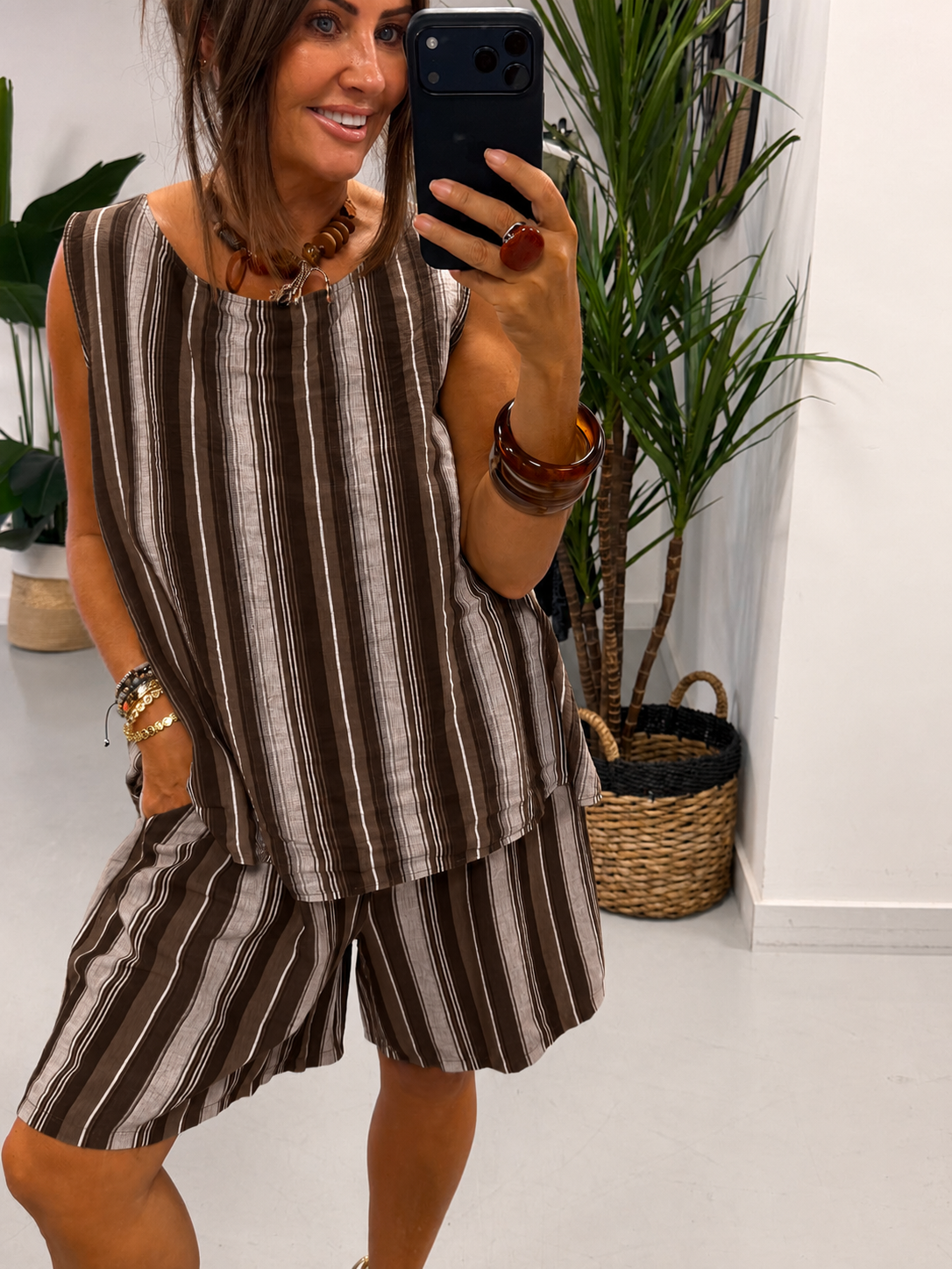 Belted Stripe Shorts Set - Chocolate