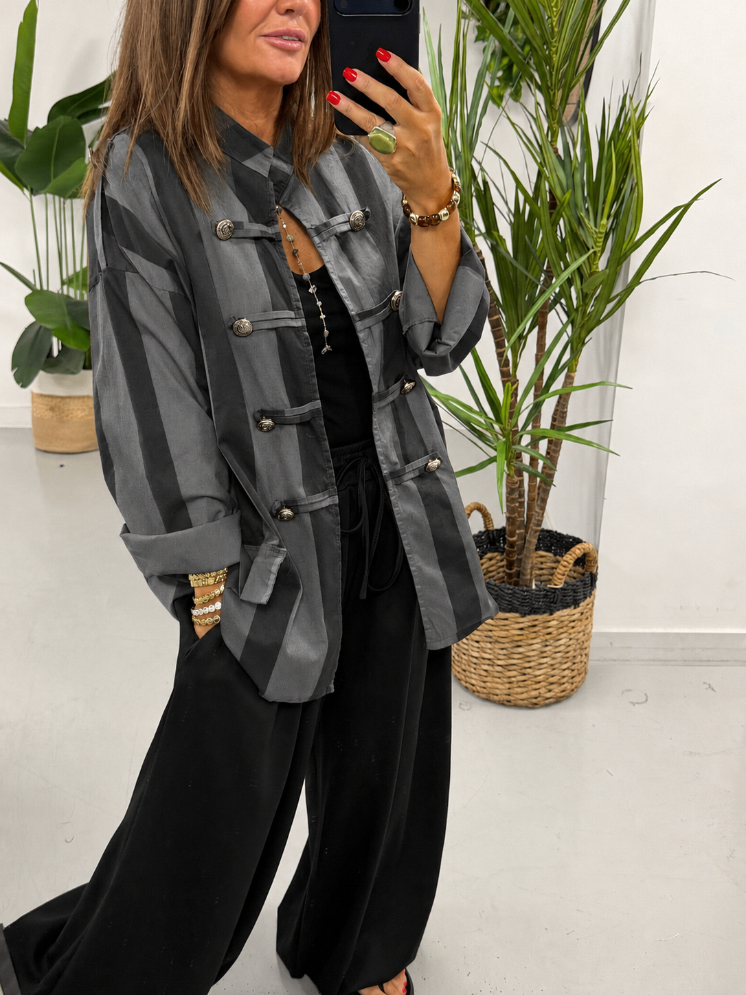 Bailey Wide Stripe Military Jacket - Black/Grey