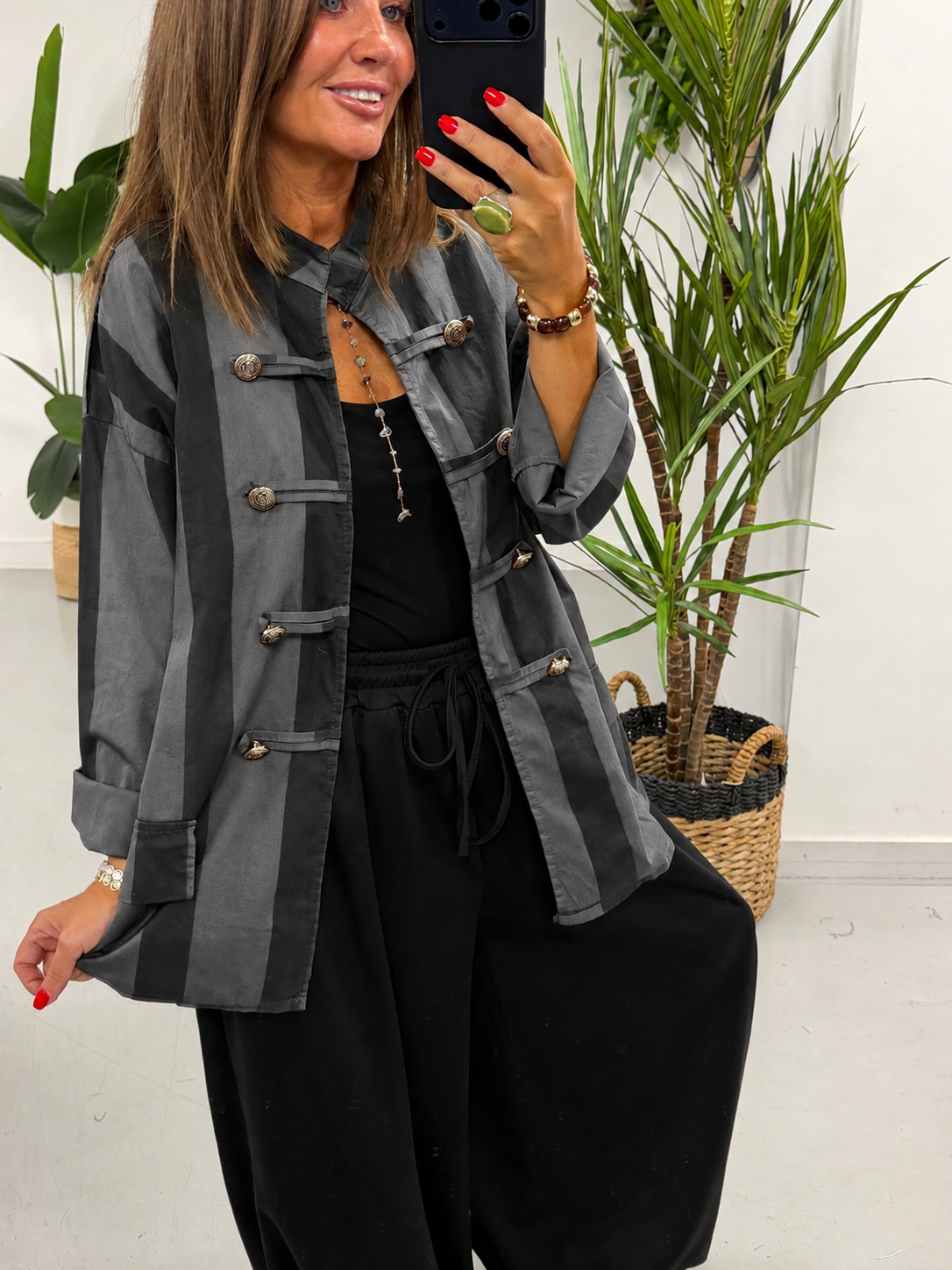 Bailey Wide Stripe Military Jacket - Black/Grey