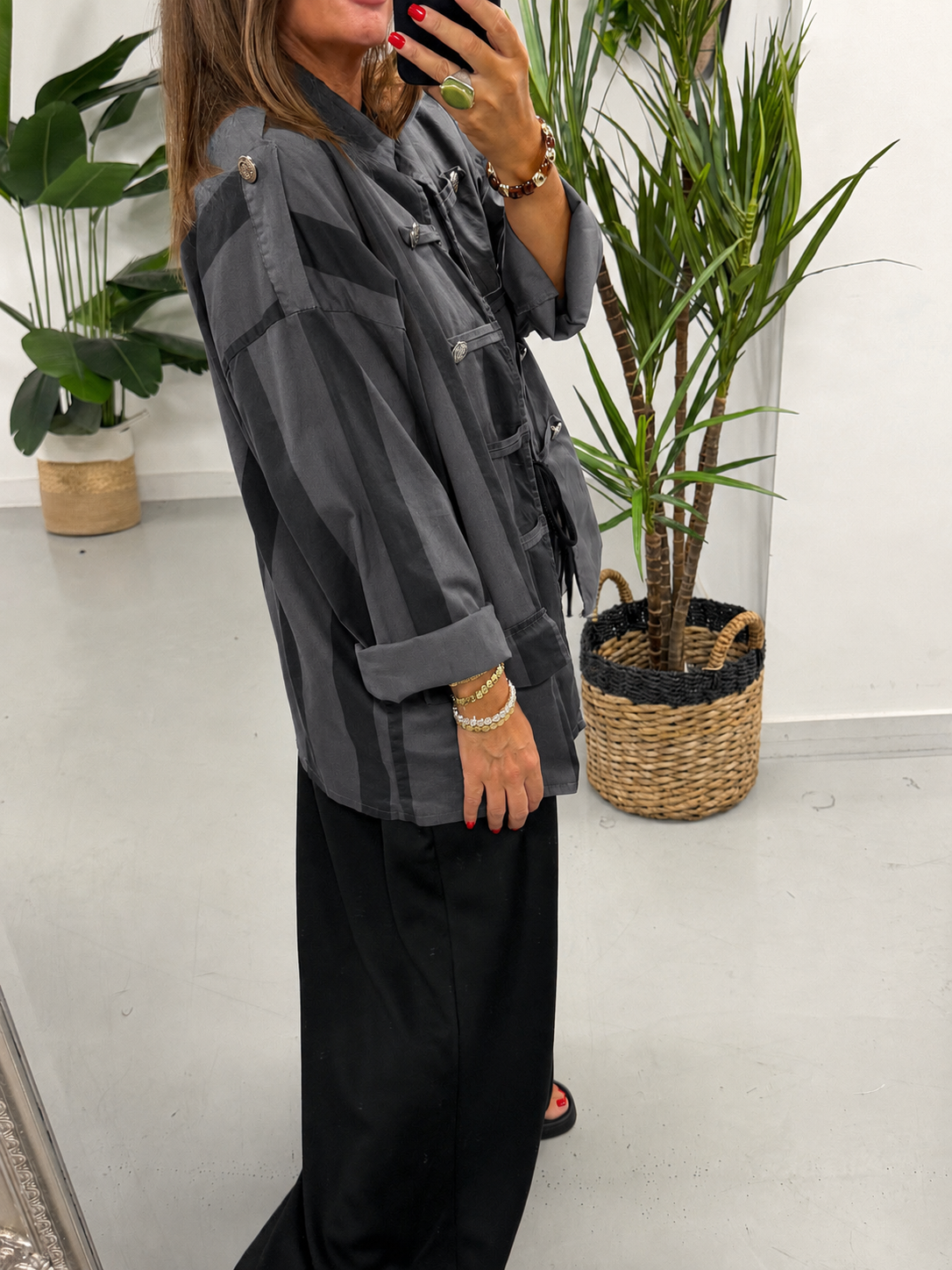 Bailey Wide Stripe Military Jacket - Black/Grey