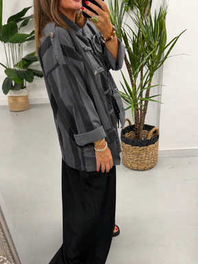 Bailey Wide Stripe Military Jacket - Black/Grey