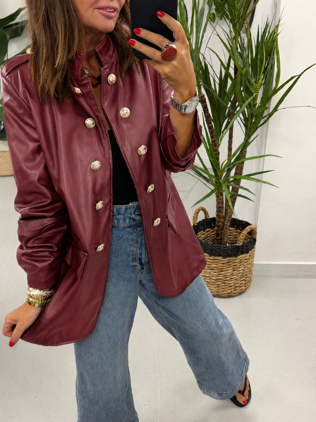 PU Military Ruched Sleeve Blazer - Wine