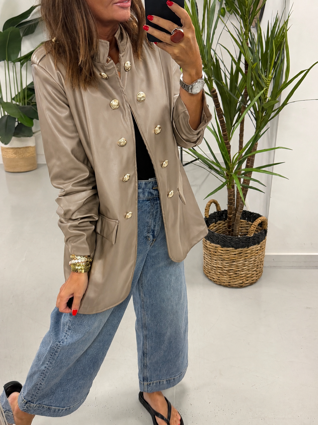 PU Military Ruched Sleeve Blazer - Taupe (Plus)