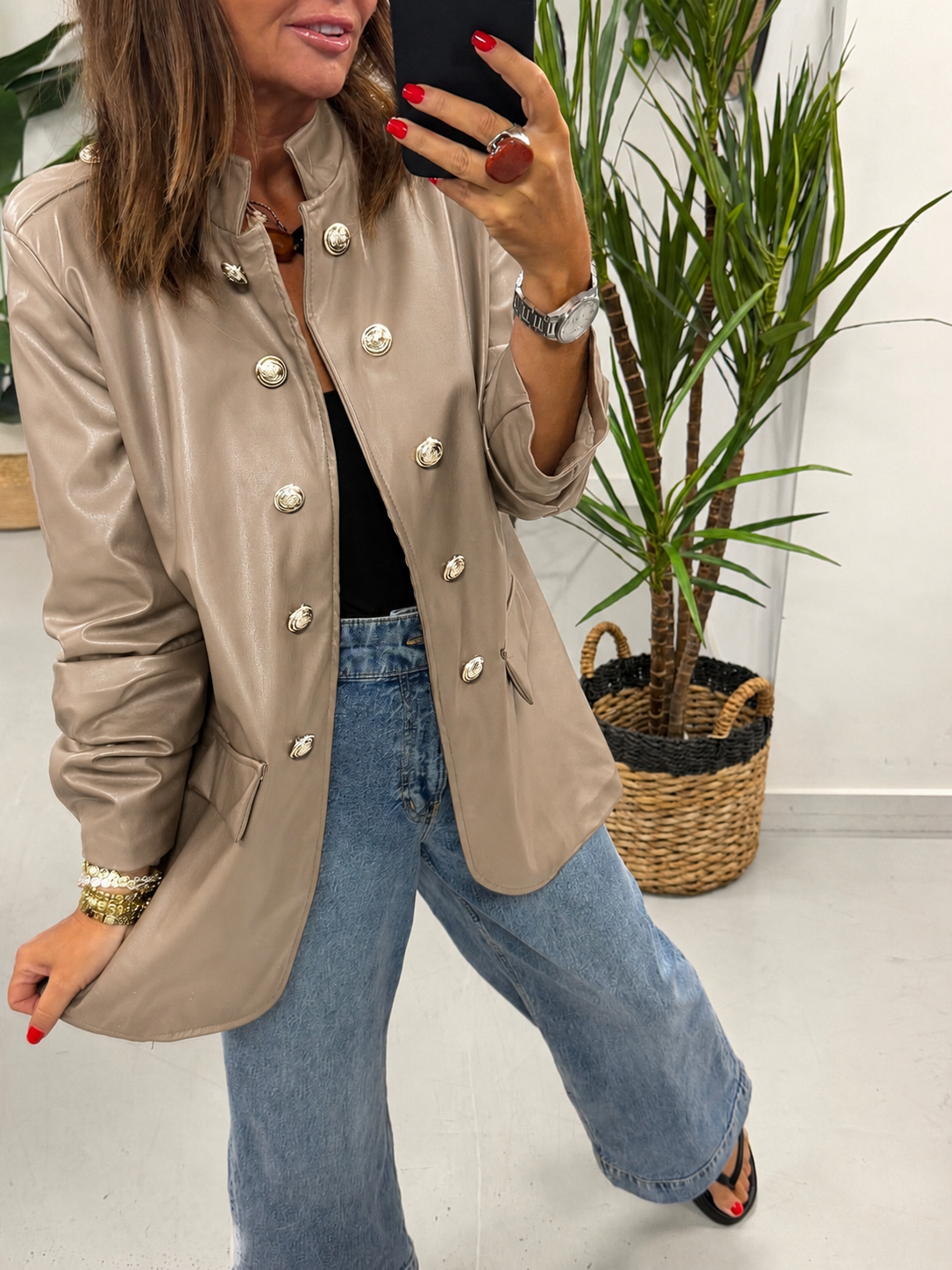PU Military Ruched Sleeve Blazer - Taupe (Plus)