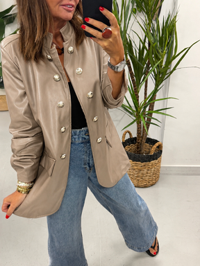 PU Military Ruched Sleeve Blazer - Taupe (Plus)