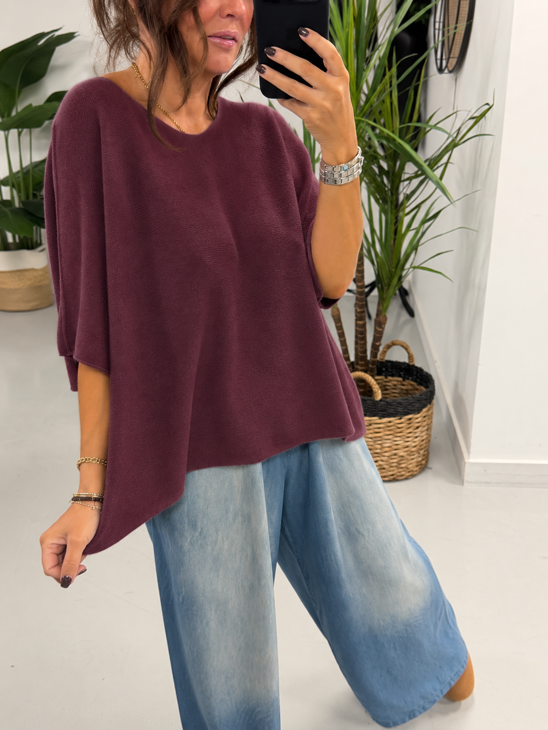 Gracie Crop Sleeve Knit - Aubergine