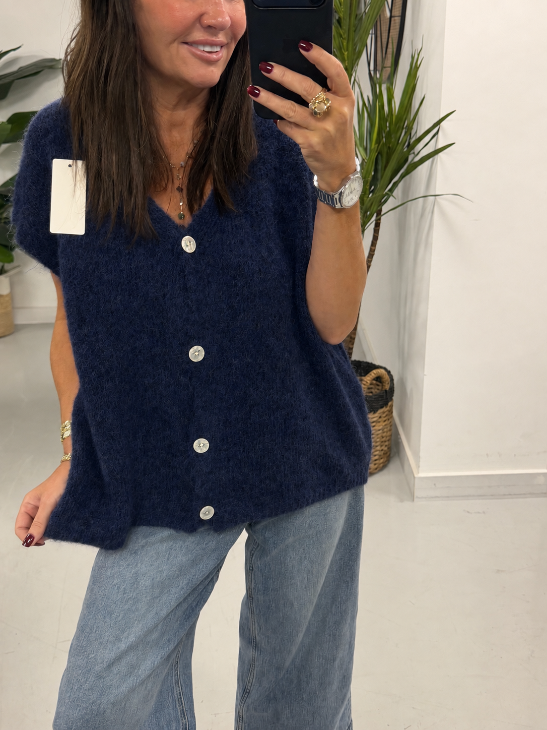Button Up Slouchy Crop Sleeve Knit - Navy (Size 12-18)