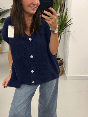 Button Up Slouchy Crop Sleeve Knit - Navy (Size 12-18)