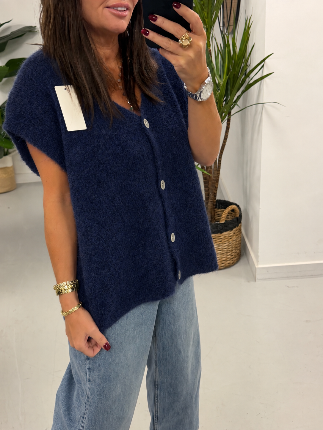 Button Up Slouchy Crop Sleeve Knit - Navy (Size 12-18)