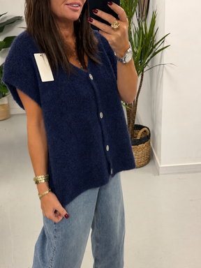 Button Up Slouchy Crop Sleeve Knit - Navy (Size 12-18)