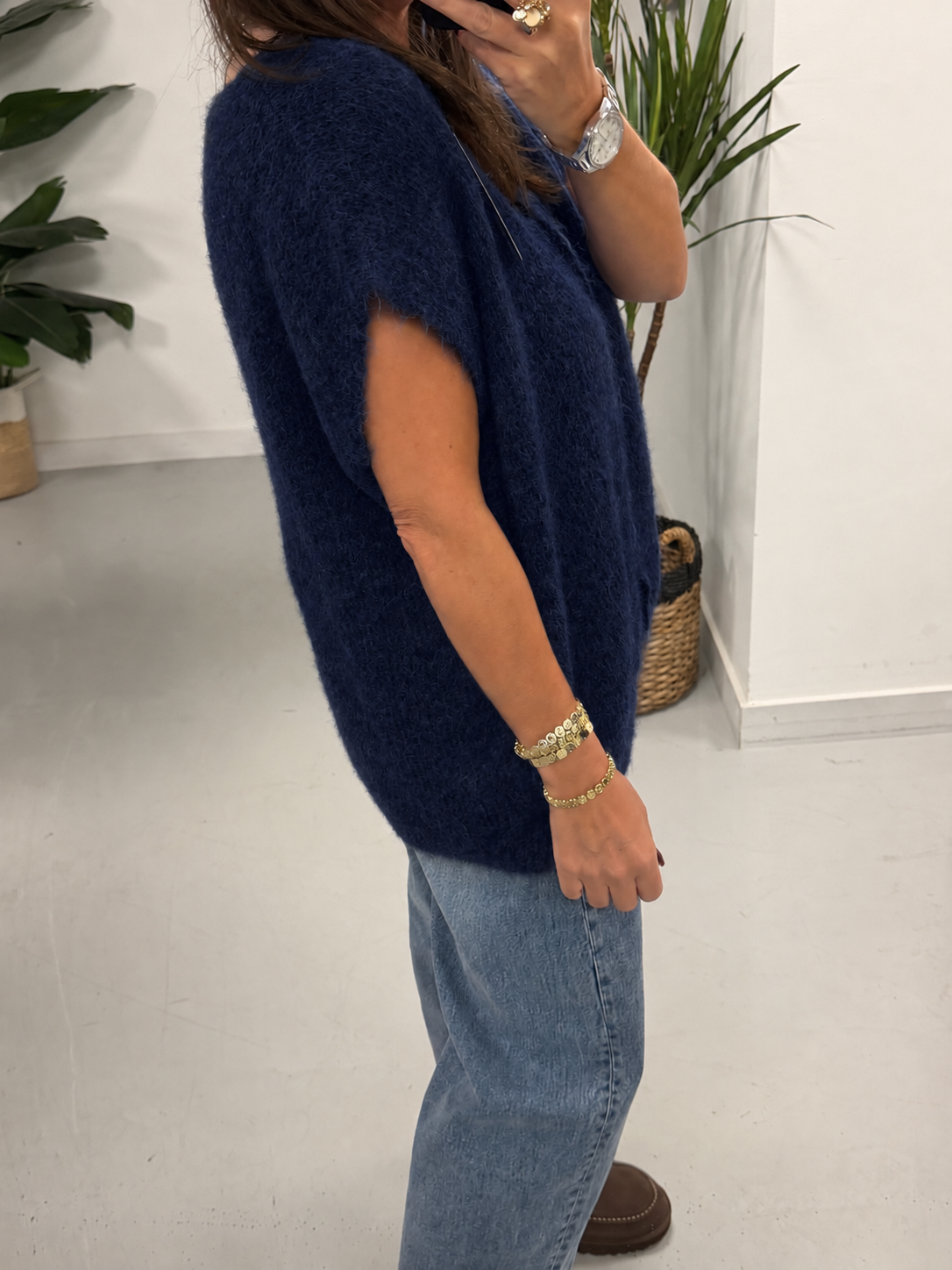 Button Up Slouchy Crop Sleeve Knit - Navy (Size 12-18)