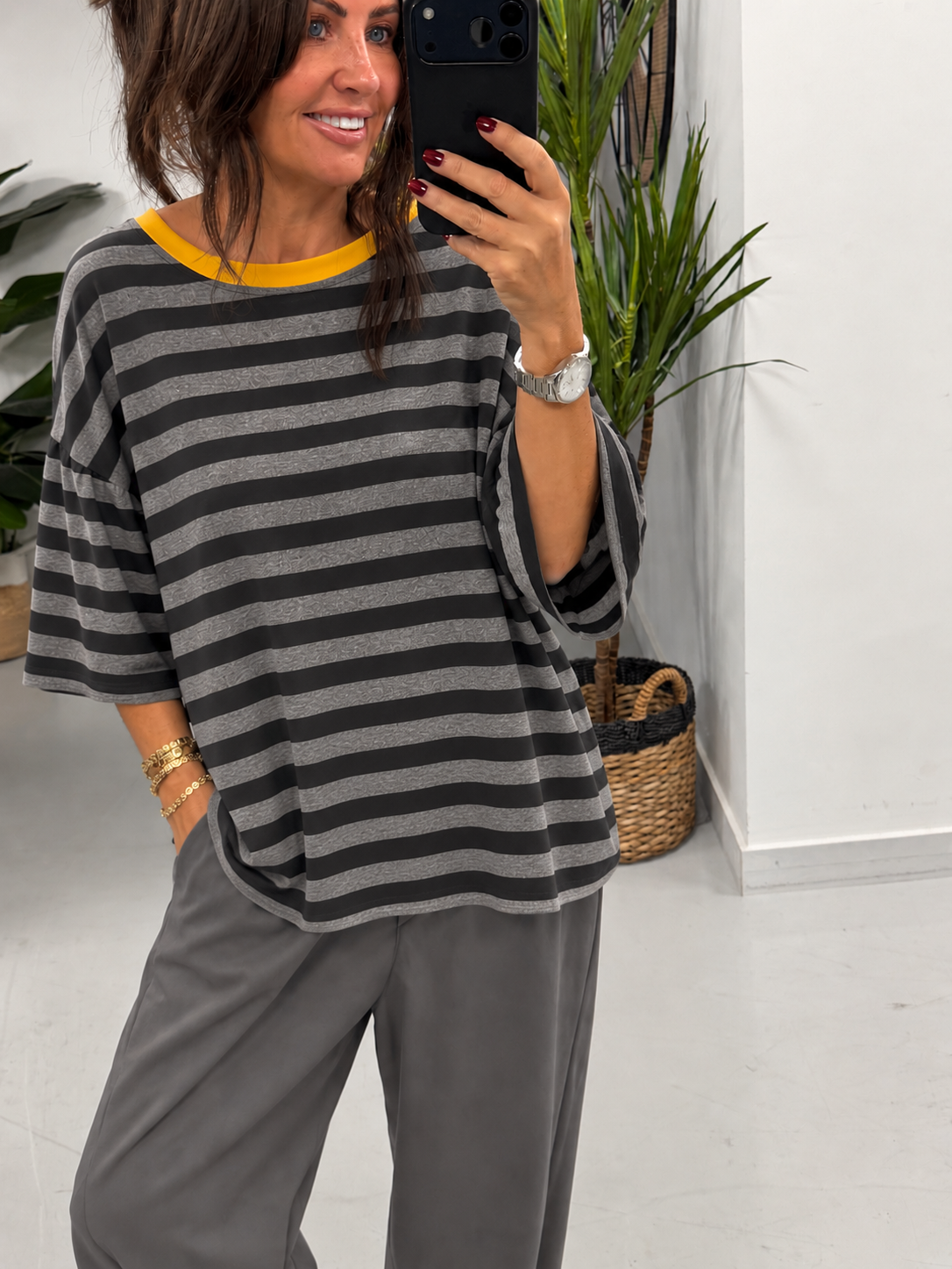 Sunset Stripe Puff Sleeve - Black/Grey  (Size 12-18)