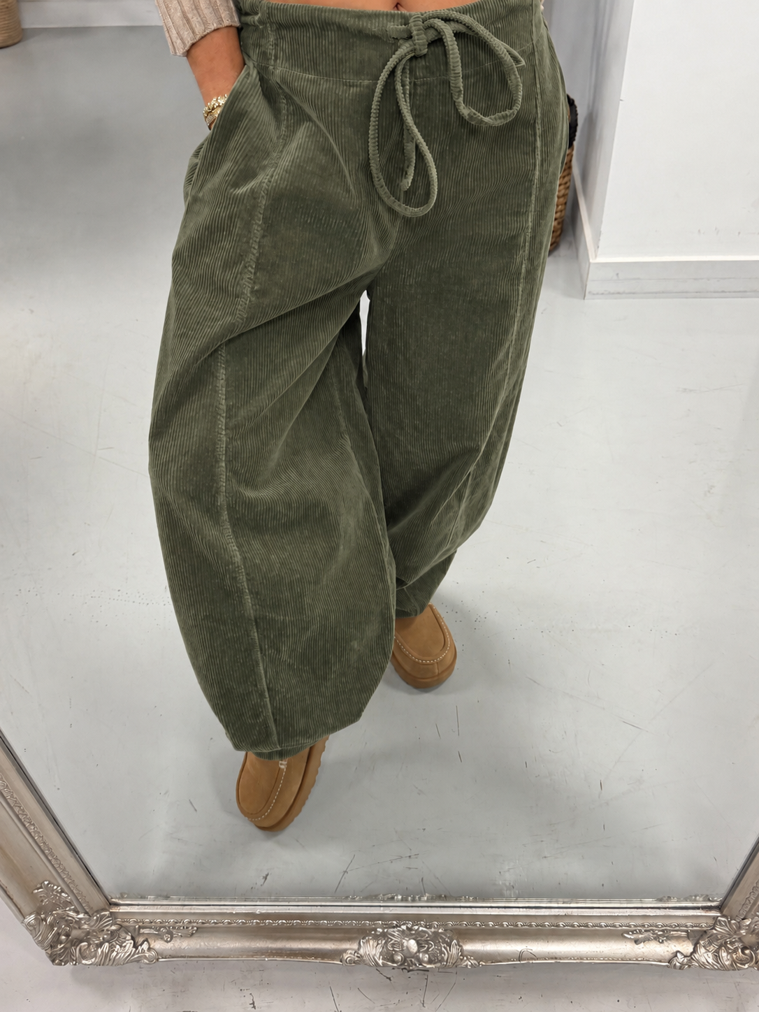 Cord Drawstring Barrel Trousers - Khaki (Size 10-14)