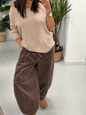 Cord Drawstring Barrel Trousers - Chocolate (Size 10-14)