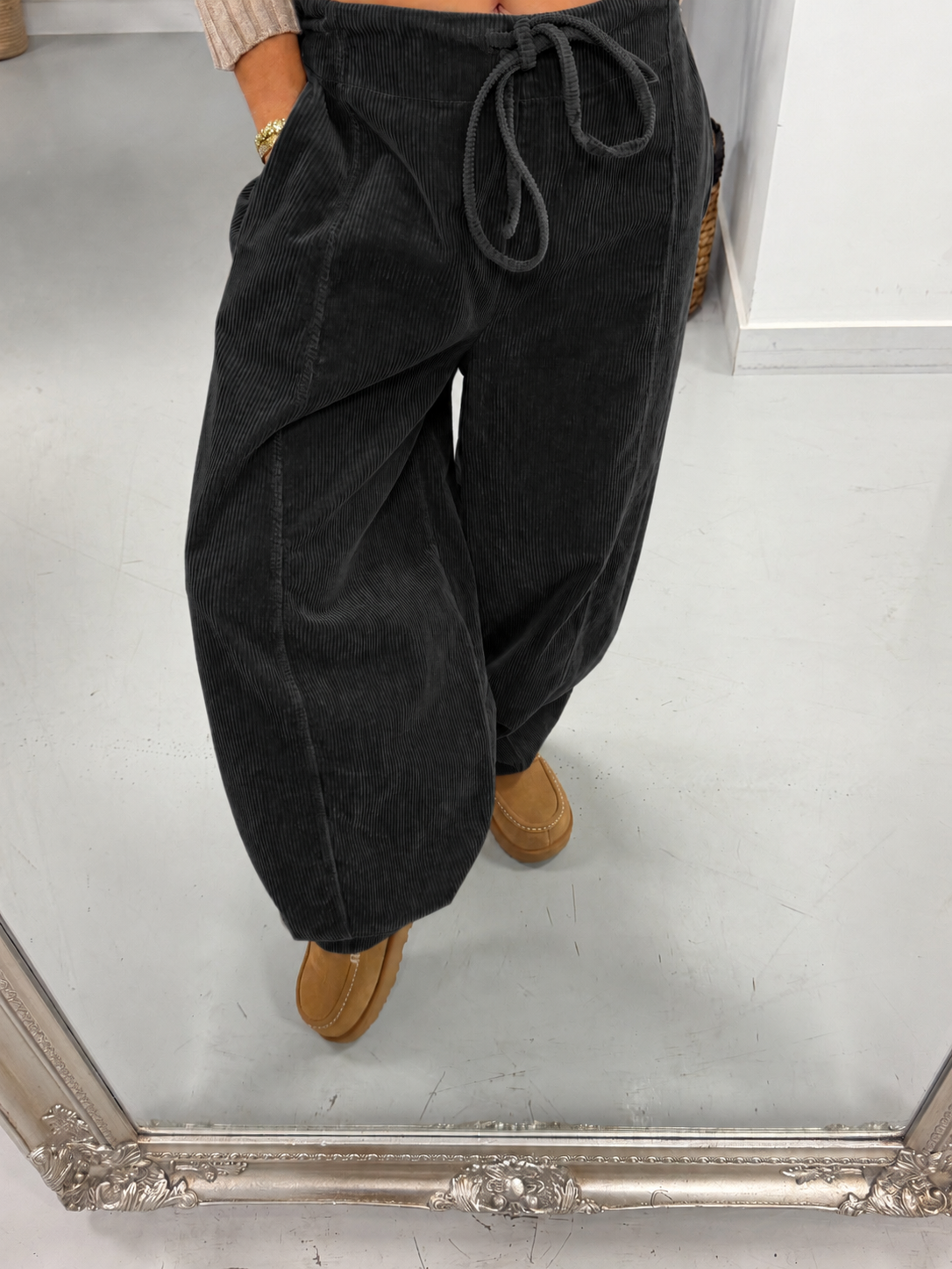 Cord Drawstring Barrel Trousers - Black (Size 10-14)