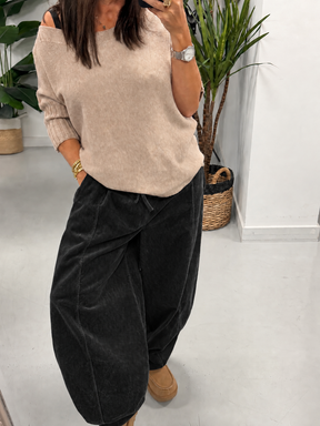Cord Drawstring Barrel Trousers - Black (Size 10-14)