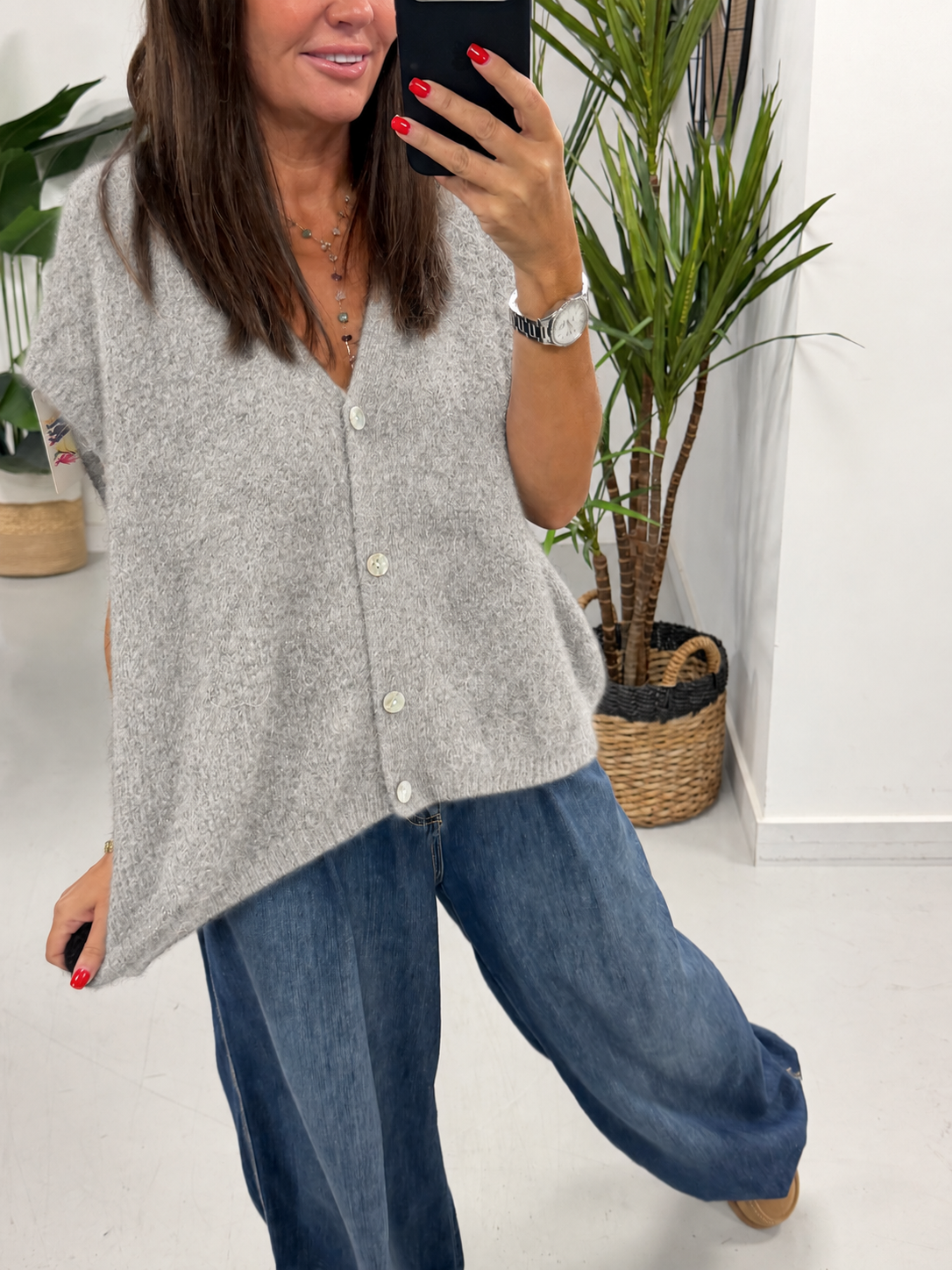Button Up Slouchy Crop Sleeve Knit - Grey (size 12-18)