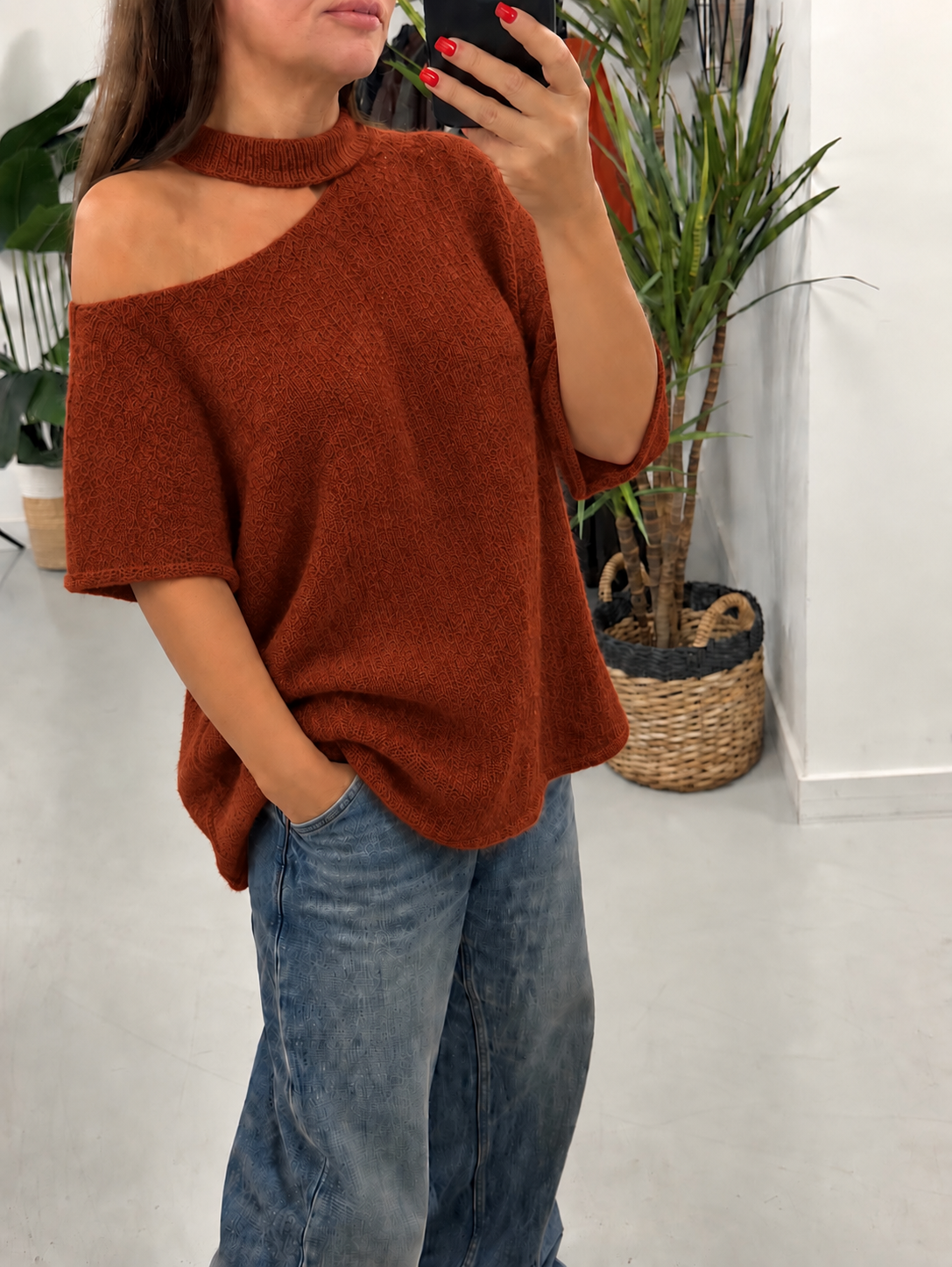Crop Sleeve Slash Neck Knit  - Rust (Size 10-16)