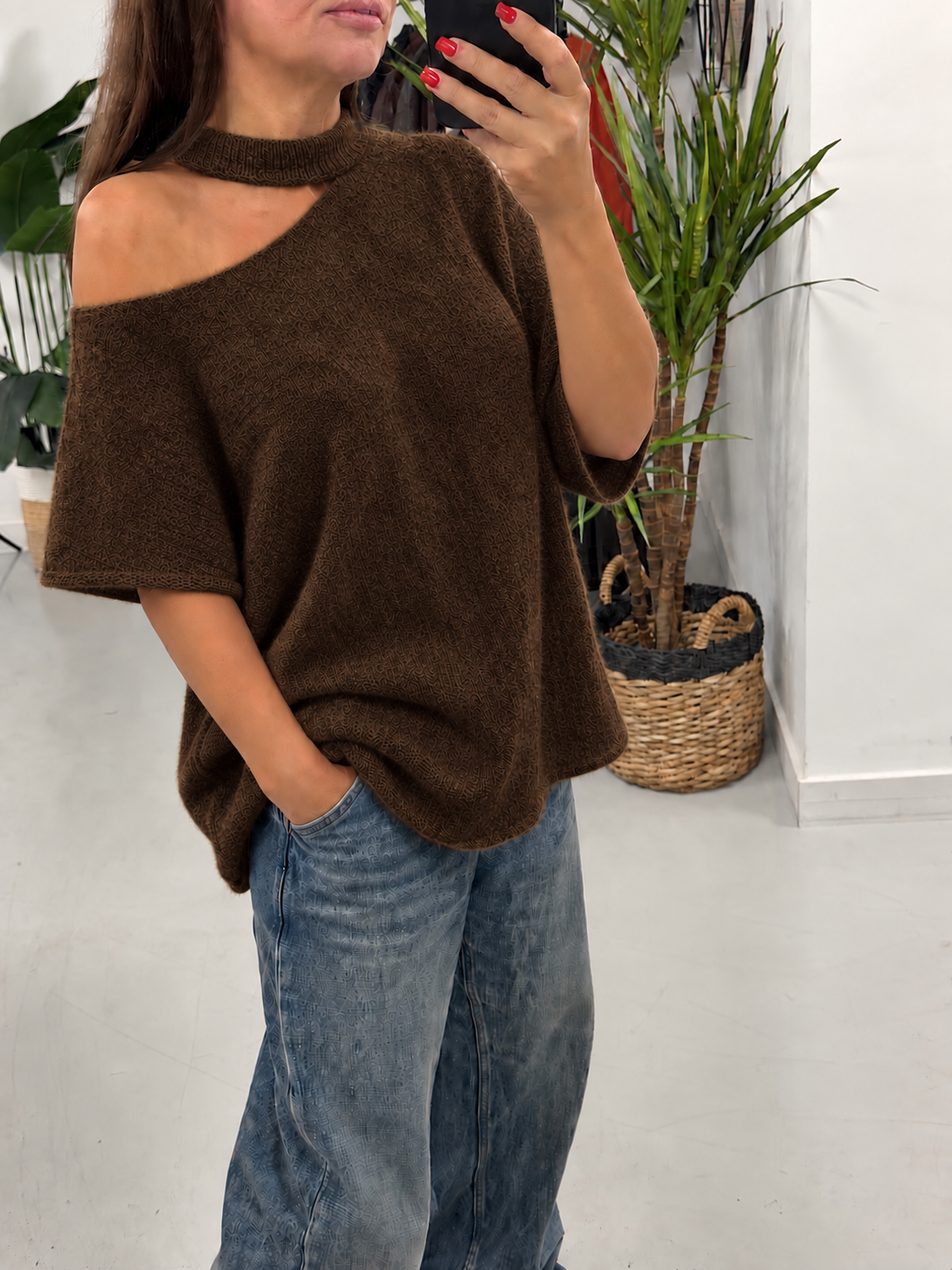 Crop Sleeve Slash Neck Knit  - Chocolate (Size 10-16)