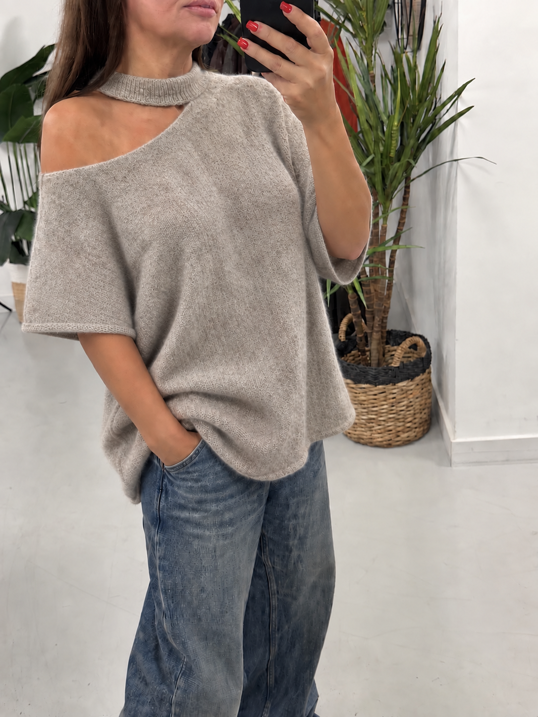 Crop Sleeve Slash Neck Knit  - Oatmeal (Size 10-16)
