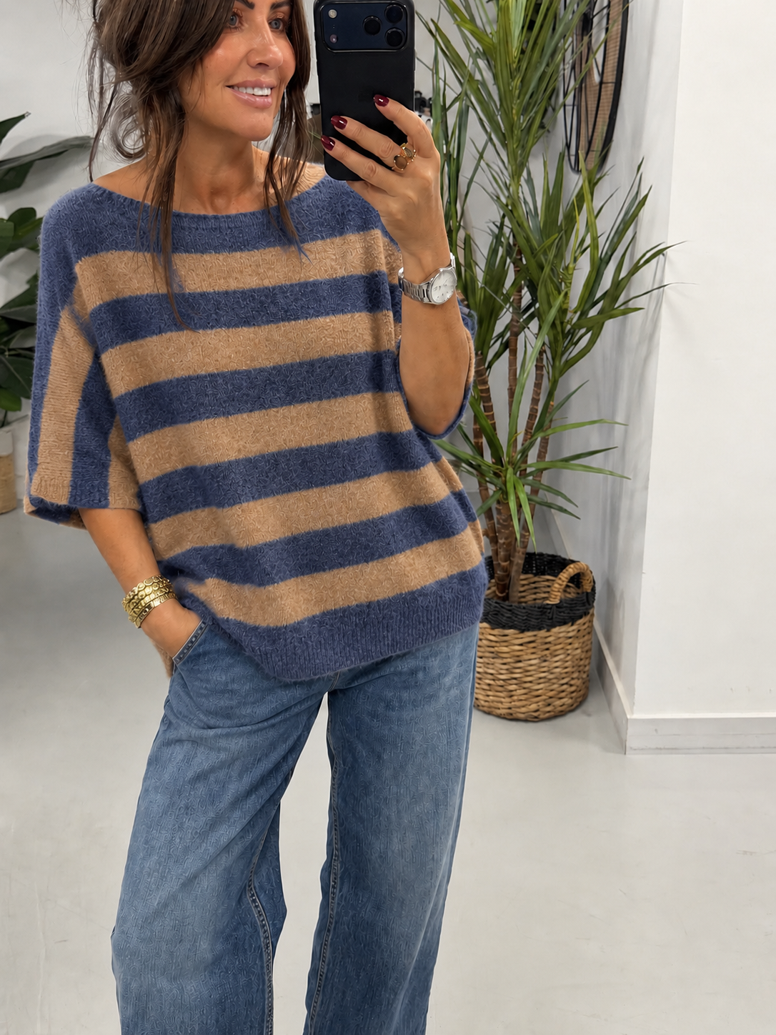 The Boat Neck Stripy Knit - Oatmeal/Denim Blue (Size 8-16)