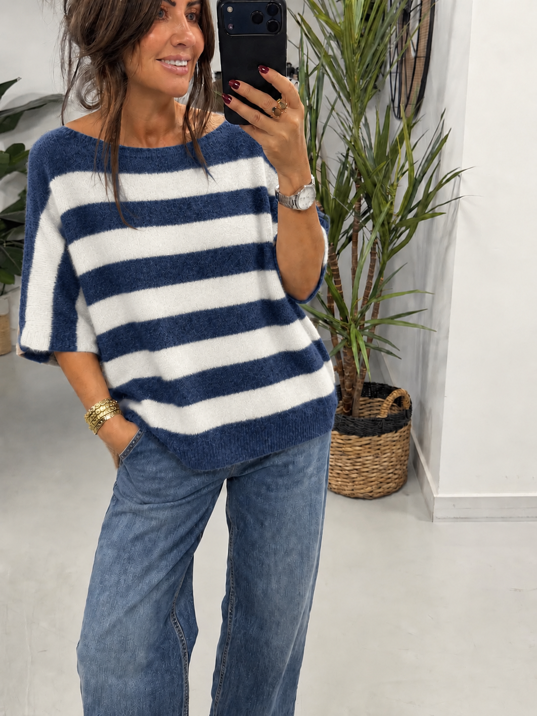 The Boat Neck Stripy Knit - Denim Blue/Cream  (Size 8-16)