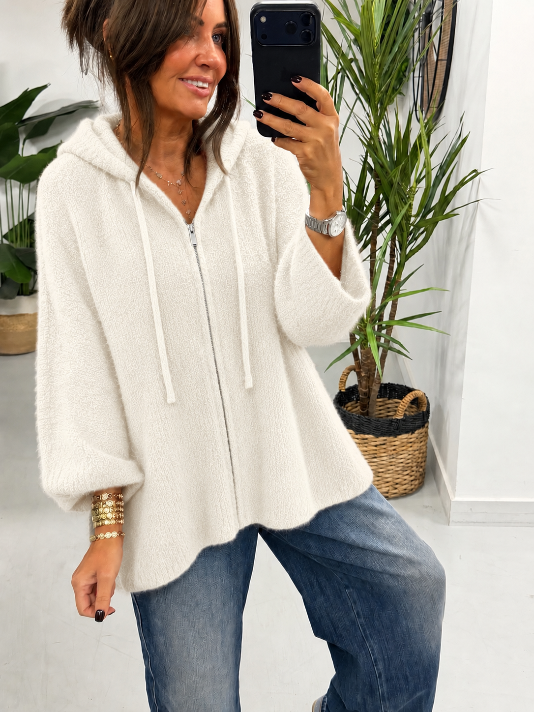 Hooded Zipped Cardigan - Winter White  (Size 10-14))