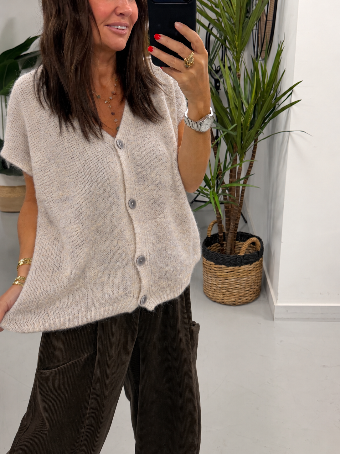 Button Up Slouchy Crop Sleeve Knit - Oatmeal (Size 12-18)