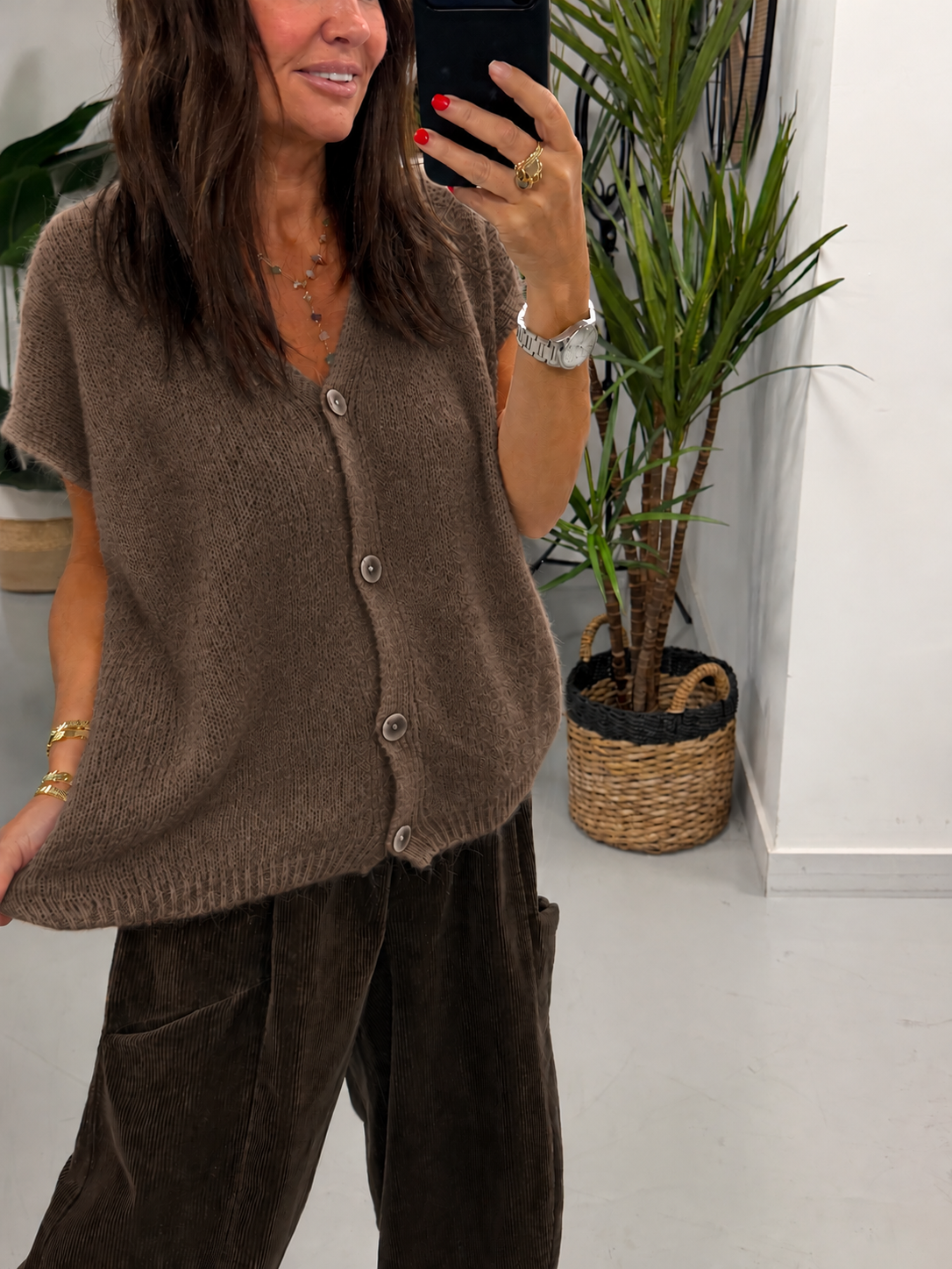 Button Up Slouchy Crop Sleeve Knit - Mocha (Size 12-18)