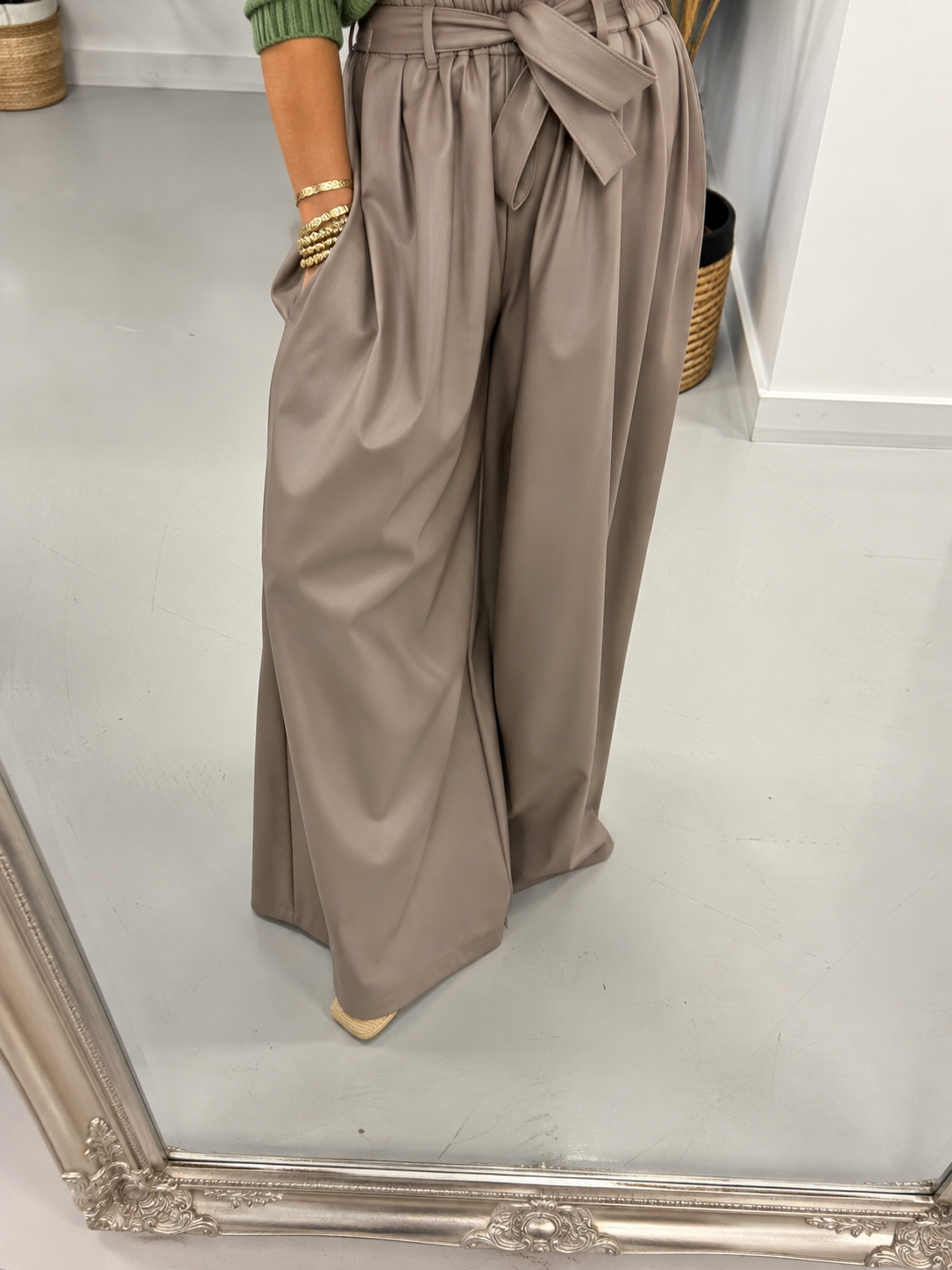 Faux & Fierce PU Wide Leg Trouser - Taupe