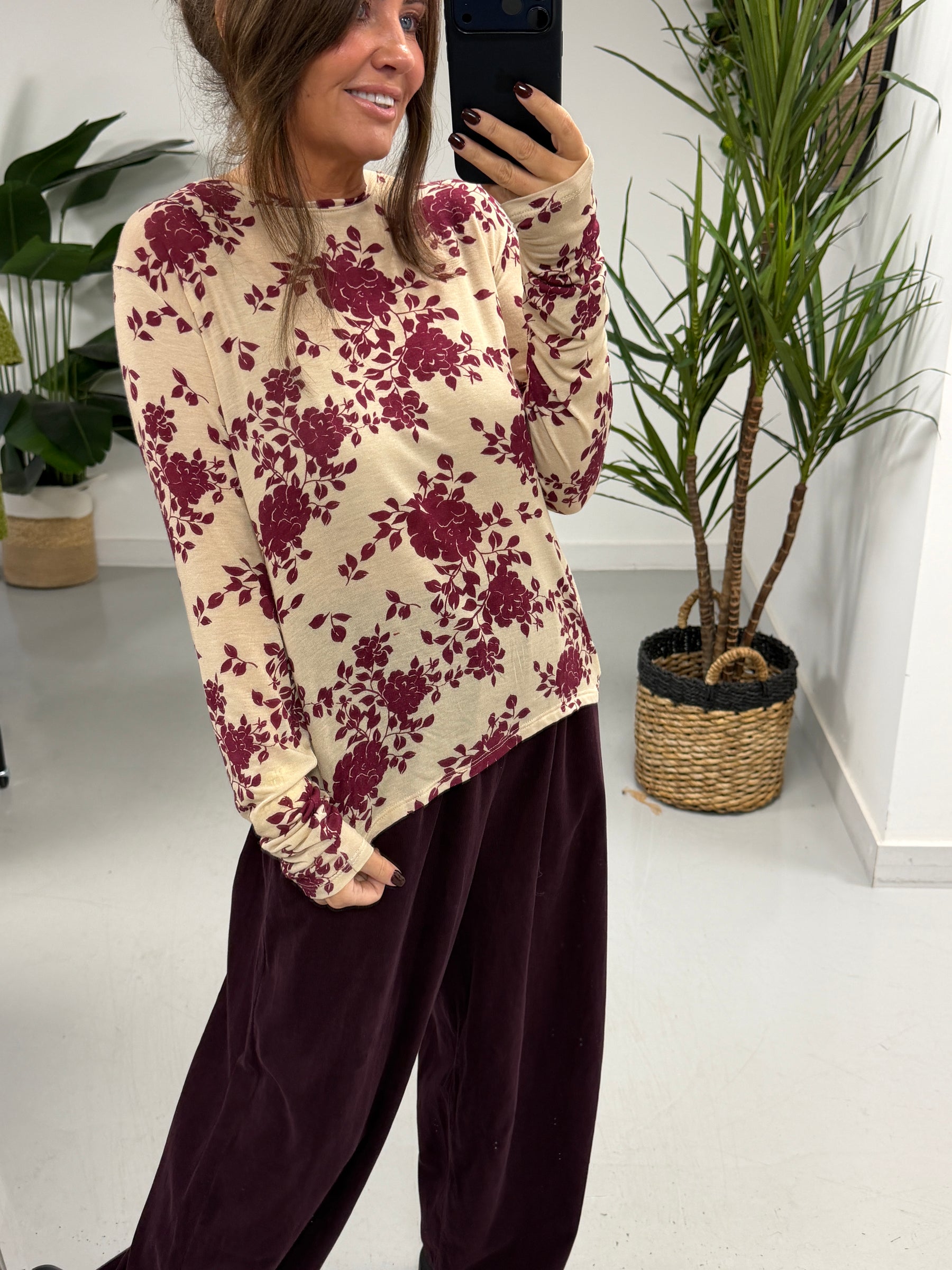 The Cashmere Blend Botanical Layering Top  - Cream/Wine (Size 10-16)