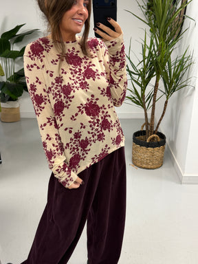 The Cashmere Blend Botanical Layering Top  - Cream/Wine (Size 10-16)
