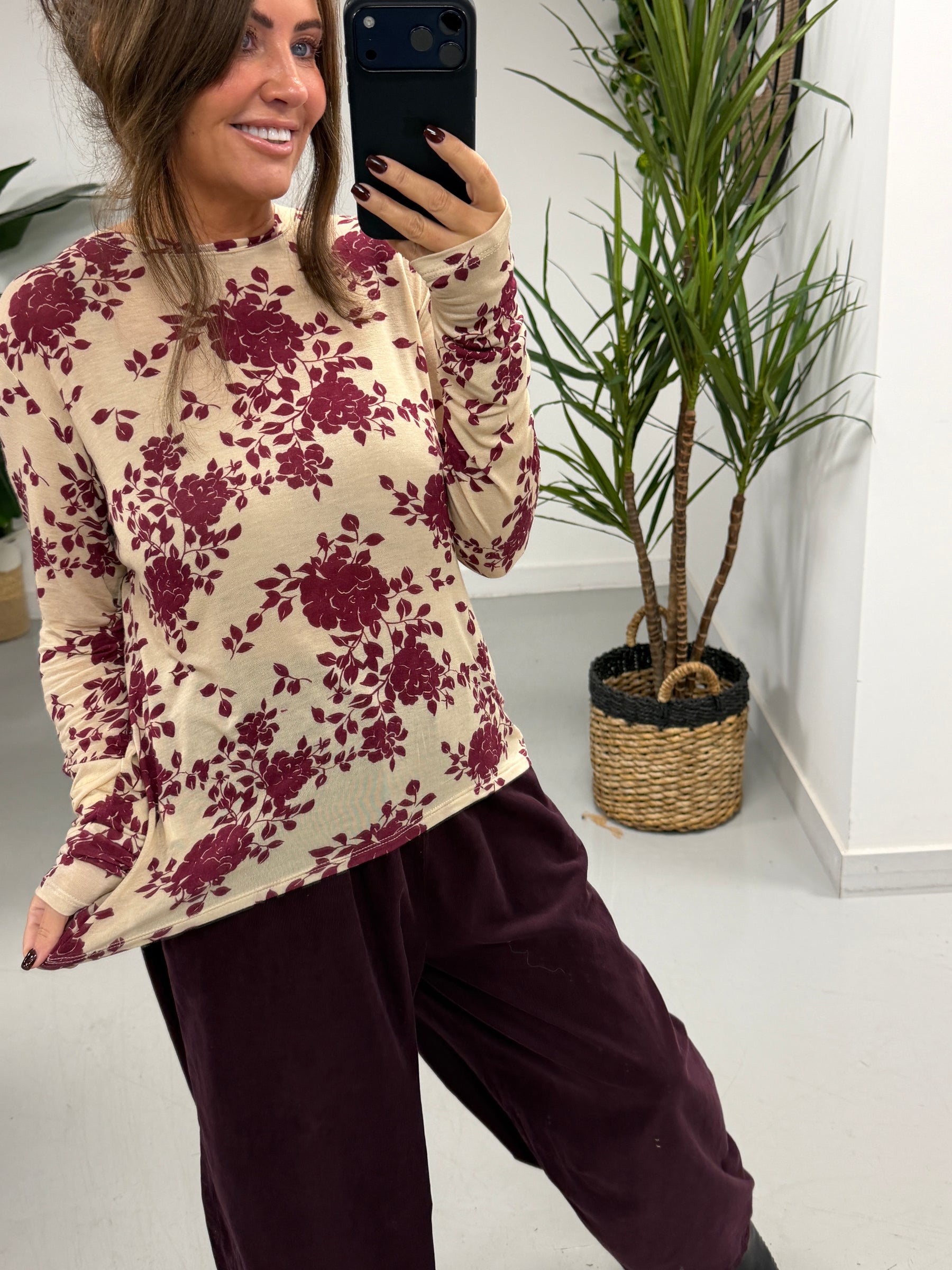 The Cashmere Blend Botanical Layering Top  - Cream/Wine (Size 10-16)