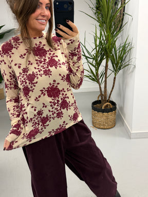 The Cashmere Blend Botanical Layering Top  - Cream/Wine (Size 10-16)