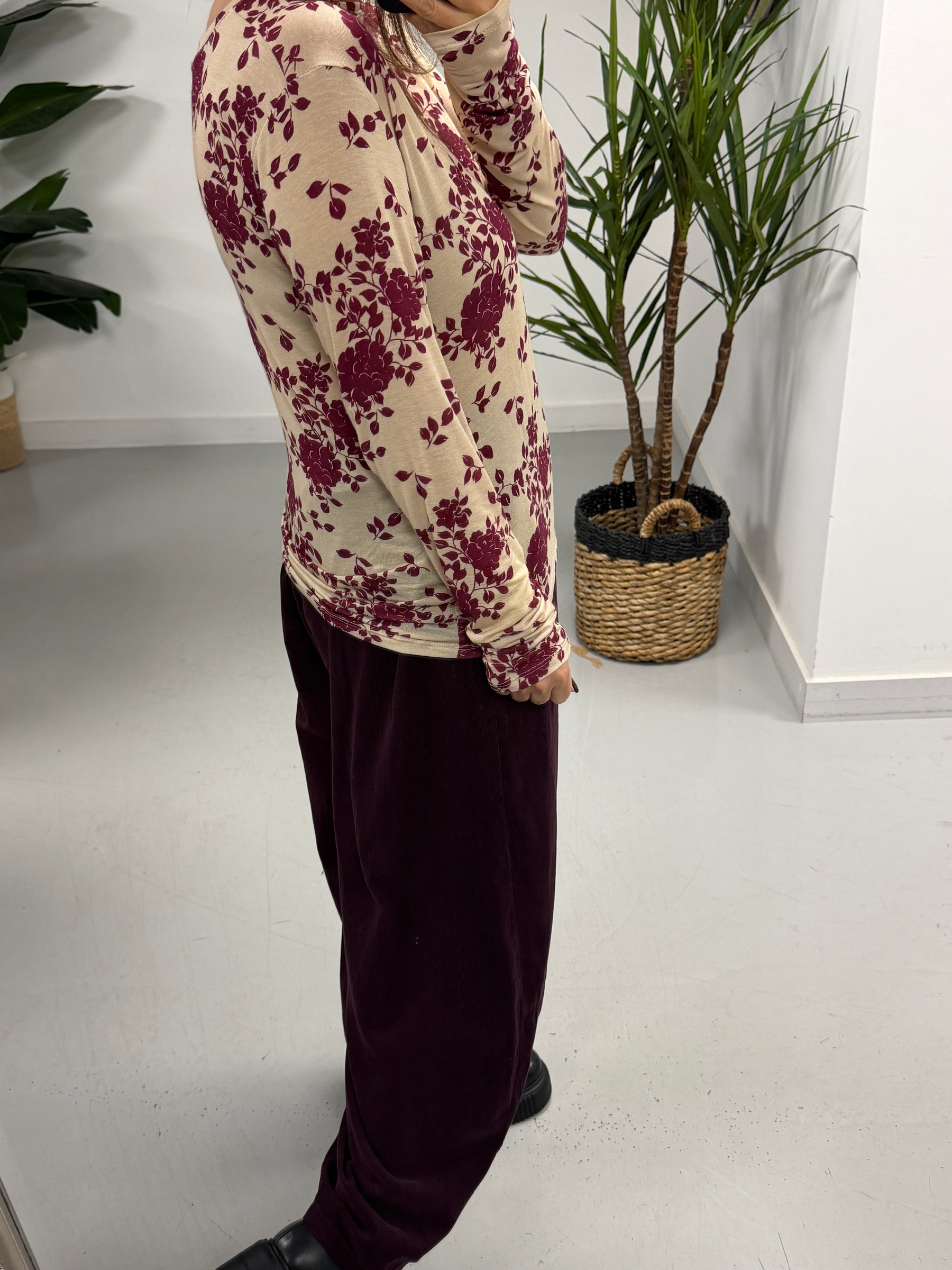 The Cashmere Blend Botanical Layering Top  - Cream/Wine (Size 10-16)