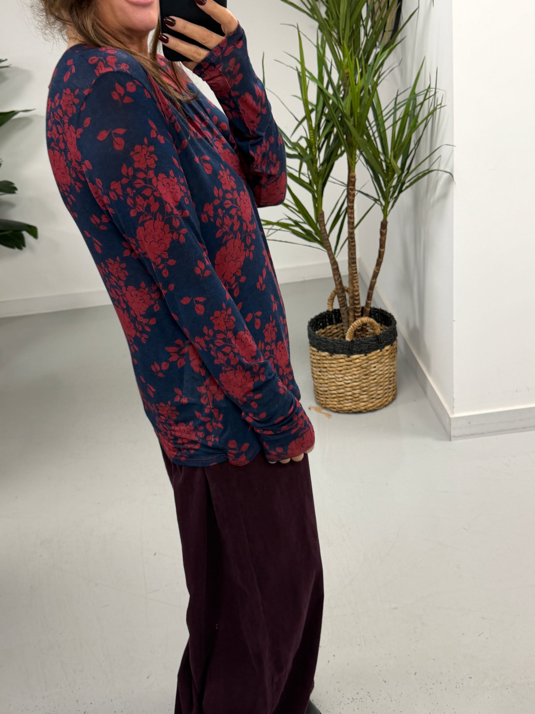 The Cashmere Blend Botanical Layering Top  - Wine/Navy (Size 10-16)