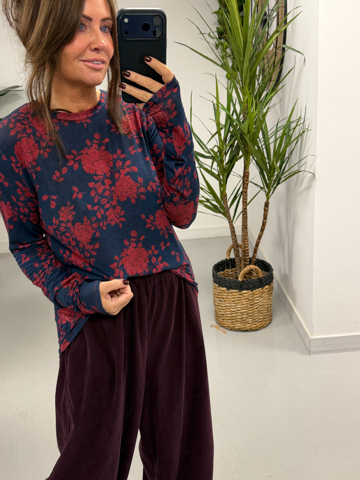 The Cashmere Blend Botanical Layering Top  - Wine/Navy (Size 10-16)